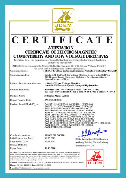 China Hunan Zoomac Water Environmental Protection Technology Co., Ltd. Certificações